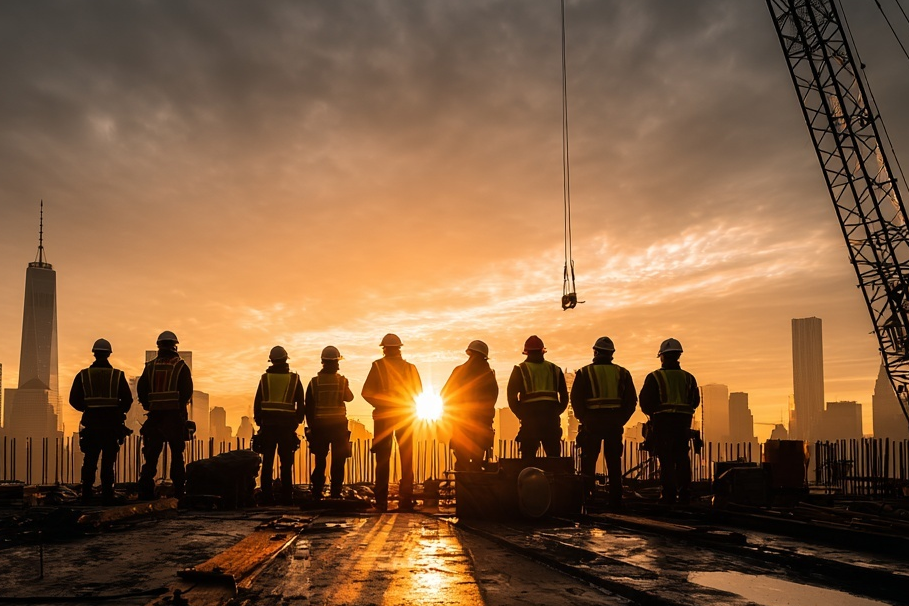 Construction workers silhouetted at sunset
